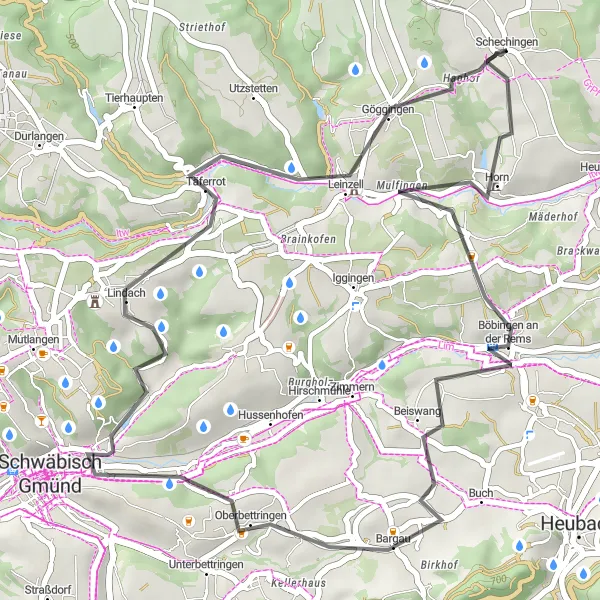 Karten-Miniaturansicht der Radinspiration "Hinkelsteine und Schloss Lindach" in Stuttgart, Germany. Erstellt vom Tarmacs.app-Routenplaner für Radtouren