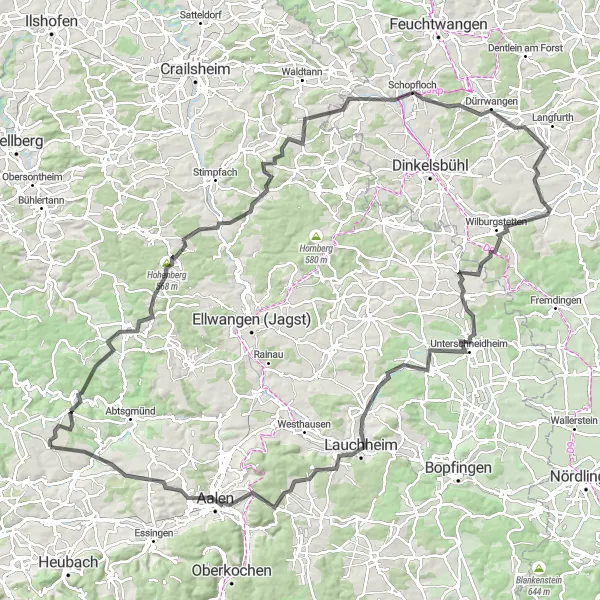 Map miniature of "Adelmannsfelden and Schloss Laubach Road Route" cycling inspiration in Stuttgart, Germany. Generated by Tarmacs.app cycling route planner