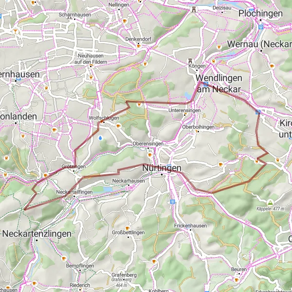 Karten-Miniaturansicht der Radinspiration "Gravel-Tour nach Wolfschlugen" in Stuttgart, Germany. Erstellt vom Tarmacs.app-Routenplaner für Radtouren