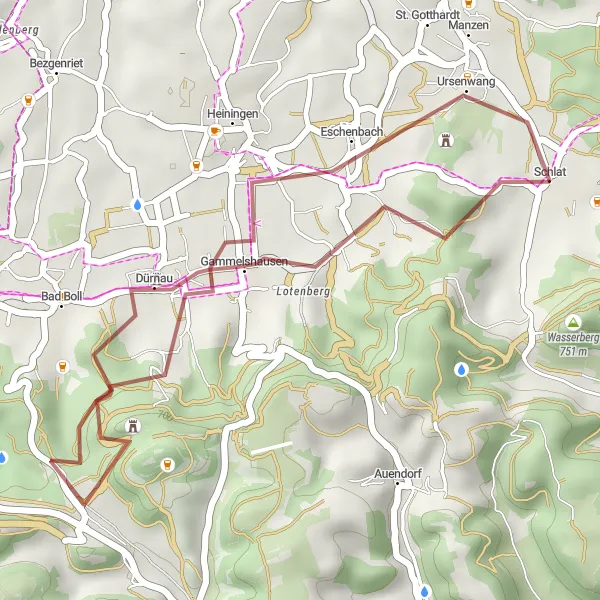 Karten-Miniaturansicht der Radinspiration "Kleine Runde um Schlat: Natur und Abenteuer auf Schotterwegen" in Stuttgart, Germany. Erstellt vom Tarmacs.app-Routenplaner für Radtouren