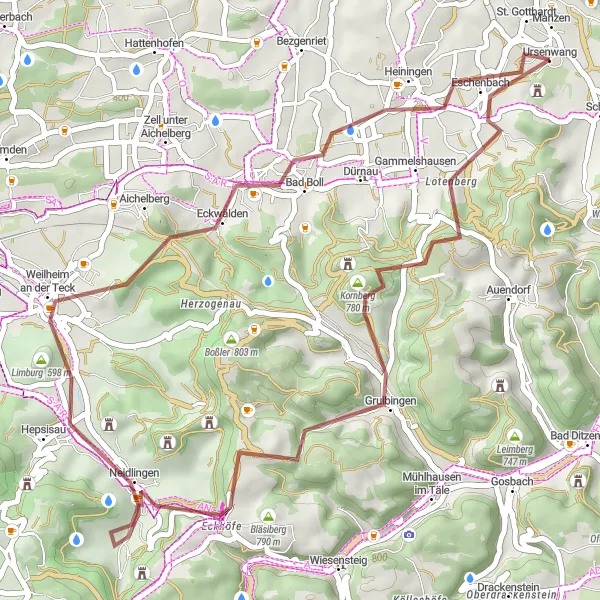Map miniature of "Teck Hochtour" cycling inspiration in Stuttgart, Germany. Generated by Tarmacs.app cycling route planner