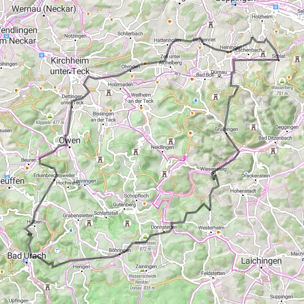 Karten-Miniaturansicht der Radinspiration "Rundfahrt um Schlat" in Stuttgart, Germany. Erstellt vom Tarmacs.app-Routenplaner für Radtouren
