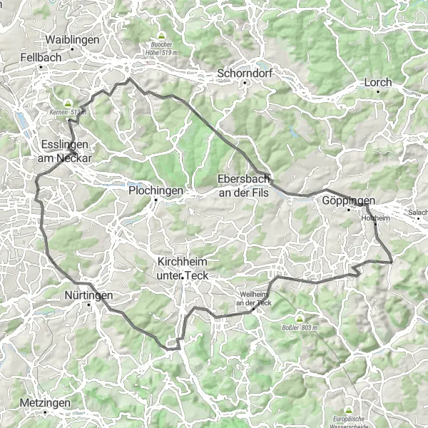 Karten-Miniaturansicht der Radinspiration "Herausfordernde Strecke von Schlat nach Filsbalkon" in Stuttgart, Germany. Erstellt vom Tarmacs.app-Routenplaner für Radtouren