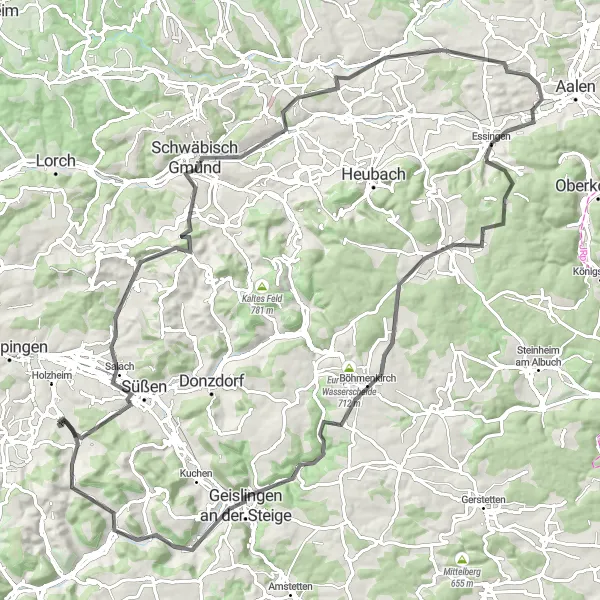Map miniature of "Schwäbisch Gmünd Loop" cycling inspiration in Stuttgart, Germany. Generated by Tarmacs.app cycling route planner