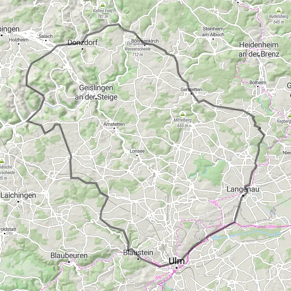 Map miniature of "Donzdorf to Ulm Loop" cycling inspiration in Stuttgart, Germany. Generated by Tarmacs.app cycling route planner