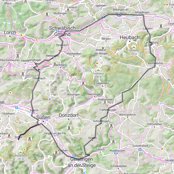 Map miniature of "Rems Valley and Geislingen Steige Loop" cycling inspiration in Stuttgart, Germany. Generated by Tarmacs.app cycling route planner