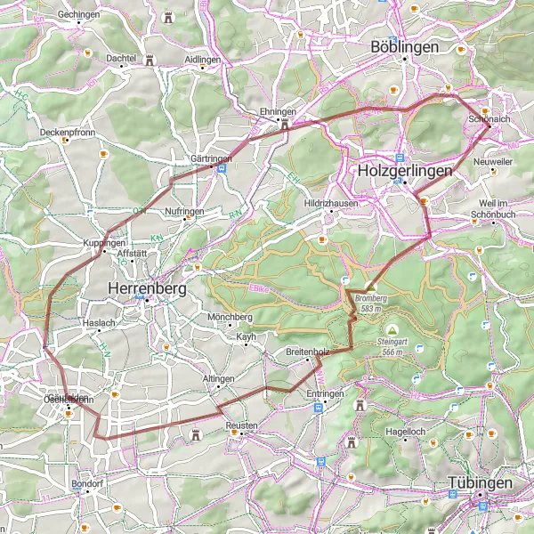 Map miniature of "Schönaich - Holzgerlingen - Bromberg -Schönbuchspitz - Gäufelden - Ehningen - Rauher Kapf - Schönaich," cycling inspiration in Stuttgart, Germany. Generated by Tarmacs.app cycling route planner