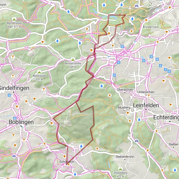 Karten-Miniaturansicht der Radinspiration "Gravel-Tour durch den Schönbuch" in Stuttgart, Germany. Erstellt vom Tarmacs.app-Routenplaner für Radtouren