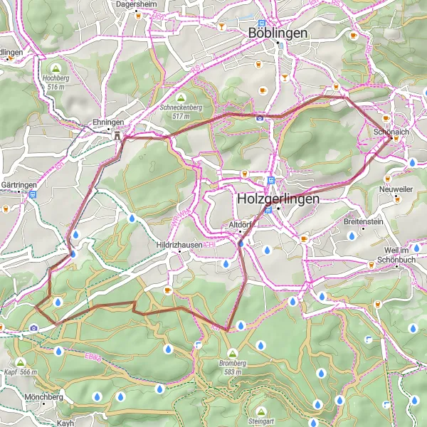 Map miniature of "Short and Adventurous Gravel Loop" cycling inspiration in Stuttgart, Germany. Generated by Tarmacs.app cycling route planner