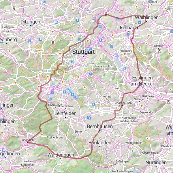 Map miniature of "Gravel Adventure in the Stuttgart Countryside" cycling inspiration in Stuttgart, Germany. Generated by Tarmacs.app cycling route planner