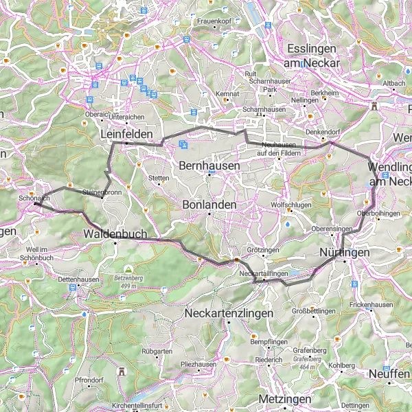 Map miniature of "The Charm of Steinenbronn and Beyond" cycling inspiration in Stuttgart, Germany. Generated by Tarmacs.app cycling route planner