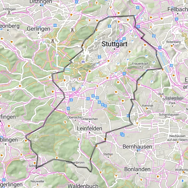 Map miniature of "Schönaich and Surrounding Hills" cycling inspiration in Stuttgart, Germany. Generated by Tarmacs.app cycling route planner