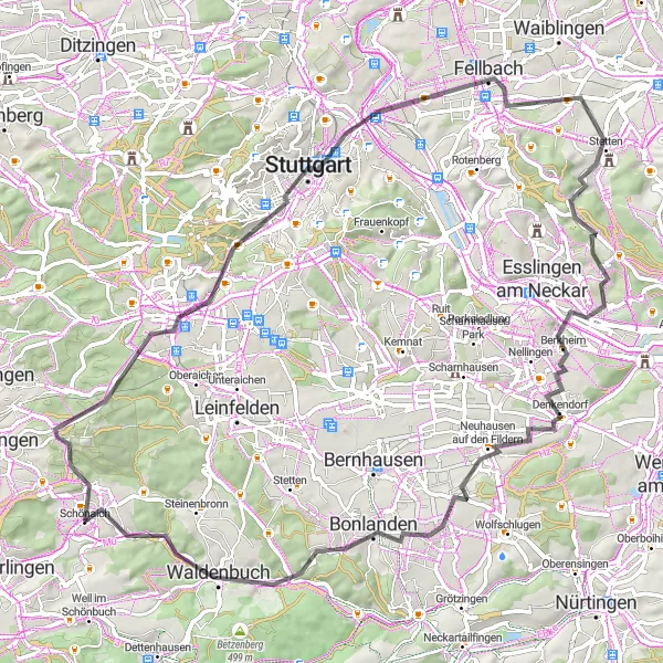 Map miniature of "Cycling through Nature and History" cycling inspiration in Stuttgart, Germany. Generated by Tarmacs.app cycling route planner