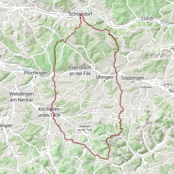 Karten-Miniaturansicht der Radinspiration "Extreme Schottertour um Schorndorf" in Stuttgart, Germany. Erstellt vom Tarmacs.app-Routenplaner für Radtouren