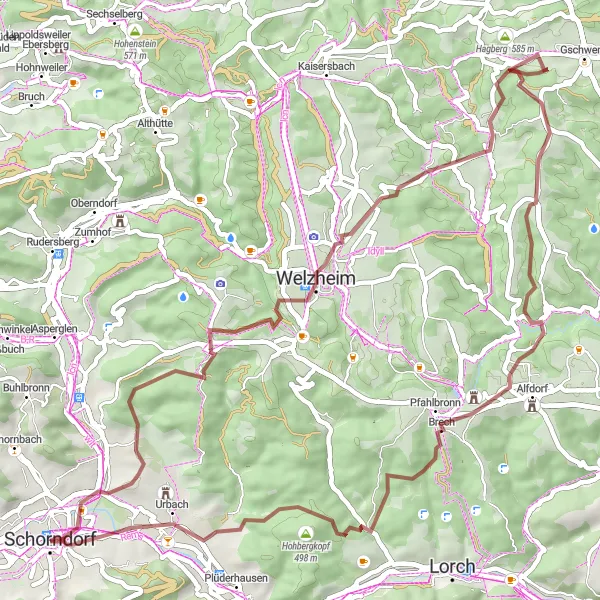 Karten-Miniaturansicht der Radinspiration "Abenteuerlicher Schotterrundweg um Schorndorf" in Stuttgart, Germany. Erstellt vom Tarmacs.app-Routenplaner für Radtouren