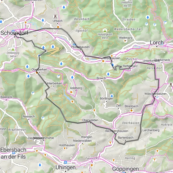 Karten-Miniaturansicht der Radinspiration "Panoramareicher Straßenrundweg um Schorndorf" in Stuttgart, Germany. Erstellt vom Tarmacs.app-Routenplaner für Radtouren