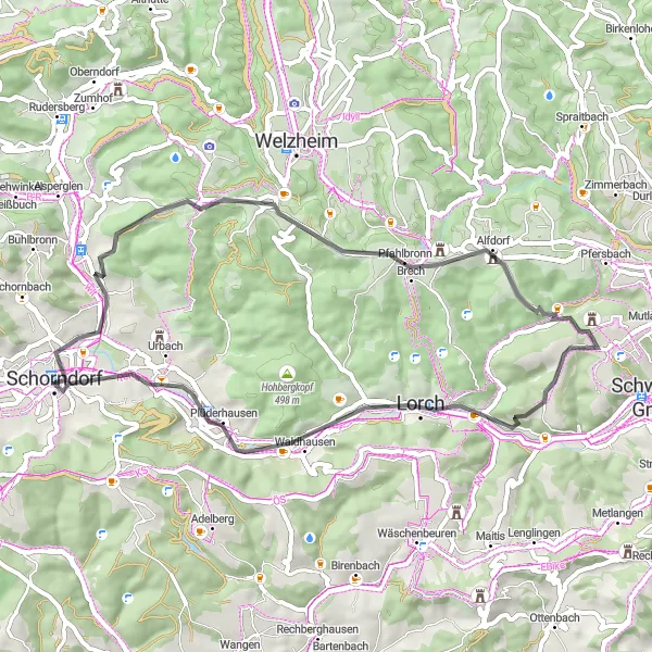 Map miniature of "Alfdorf Loop" cycling inspiration in Stuttgart, Germany. Generated by Tarmacs.app cycling route planner