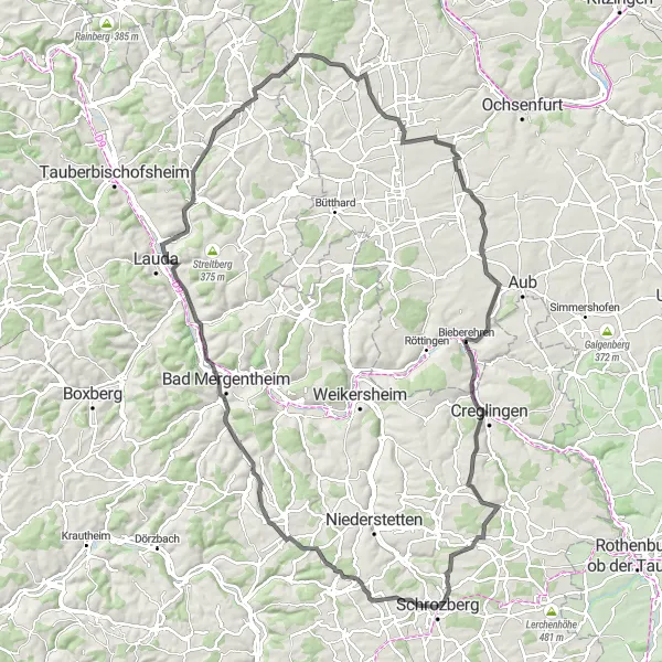 Map miniature of "Schrozberg to Bad Mergentheim Loop" cycling inspiration in Stuttgart, Germany. Generated by Tarmacs.app cycling route planner
