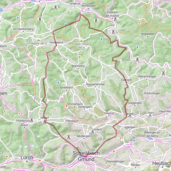 Karten-Miniaturansicht der Radinspiration "Rundfahrroute um Schwäbisch Gmünd" in Stuttgart, Germany. Erstellt vom Tarmacs.app-Routenplaner für Radtouren