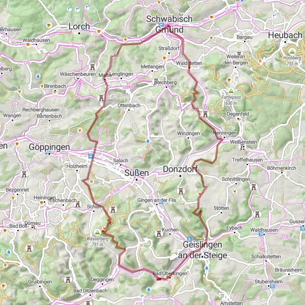 Karten-Miniaturansicht der Radinspiration "Gravel Abenteuer um Königsturm" in Stuttgart, Germany. Erstellt vom Tarmacs.app-Routenplaner für Radtouren