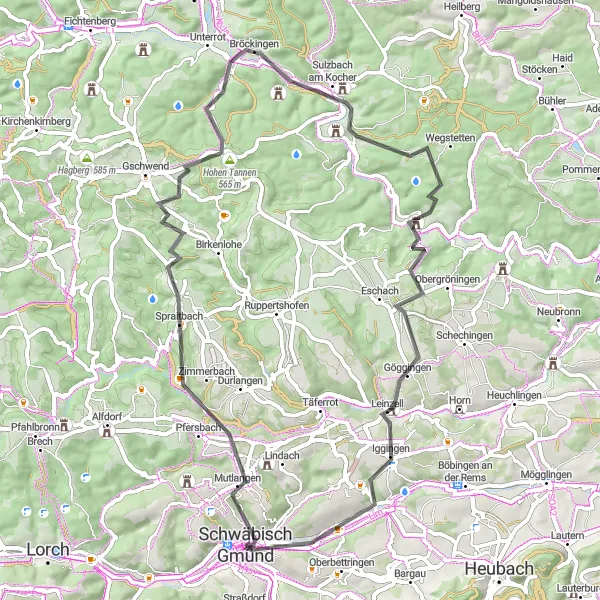 Karten-Miniaturansicht der Radinspiration "Schwäbisch Gmünd - Rund um den Ostalbkreis" in Stuttgart, Germany. Erstellt vom Tarmacs.app-Routenplaner für Radtouren