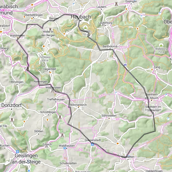 Karten-Miniaturansicht der Radinspiration "Straßentour ins Albuch" in Stuttgart, Germany. Erstellt vom Tarmacs.app-Routenplaner für Radtouren