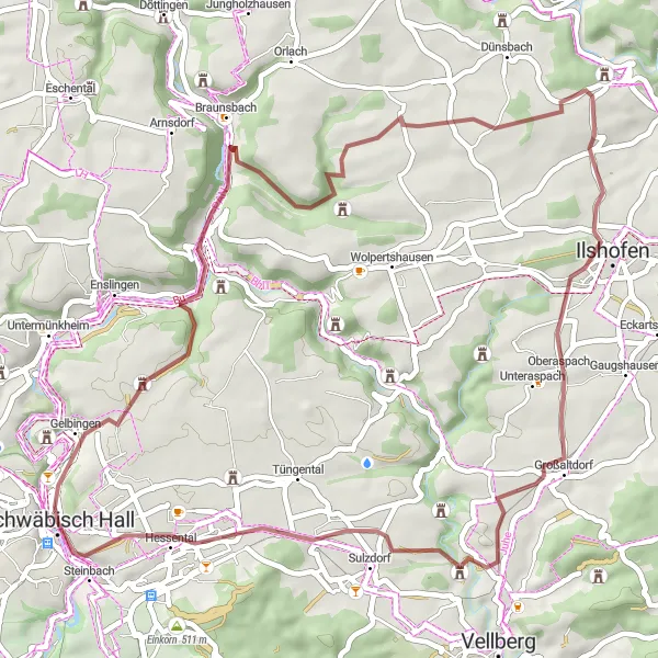 Karten-Miniaturansicht der Radinspiration "Gravel-Abenteuer um Schwäbisch Hall" in Stuttgart, Germany. Erstellt vom Tarmacs.app-Routenplaner für Radtouren