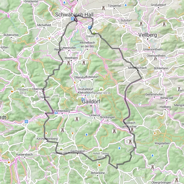 Karten-Miniaturansicht der Radinspiration "Historische Route um Schwäbisch Hall" in Stuttgart, Germany. Erstellt vom Tarmacs.app-Routenplaner für Radtouren