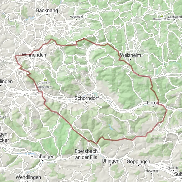 Map miniature of "Gravel Challenge" cycling inspiration in Stuttgart, Germany. Generated by Tarmacs.app cycling route planner