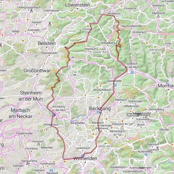 Map miniature of "Affalterbach to Backnang" cycling inspiration in Stuttgart, Germany. Generated by Tarmacs.app cycling route planner