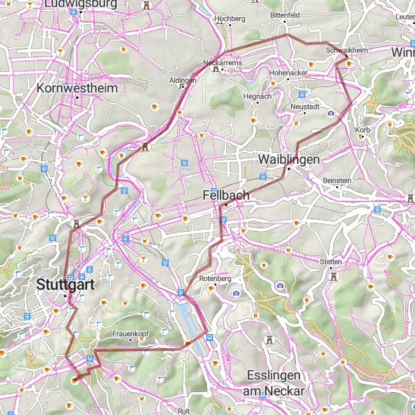 Karten-Miniaturansicht der Radinspiration "Durch Stuttgart und Umgebung" in Stuttgart, Germany. Erstellt vom Tarmacs.app-Routenplaner für Radtouren
