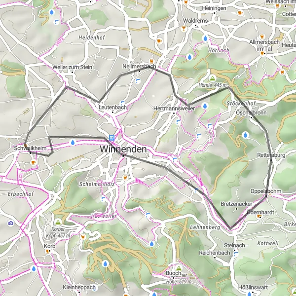 Karten-Miniaturansicht der Radinspiration "Rund um Winnenden" in Stuttgart, Germany. Erstellt vom Tarmacs.app-Routenplaner für Radtouren