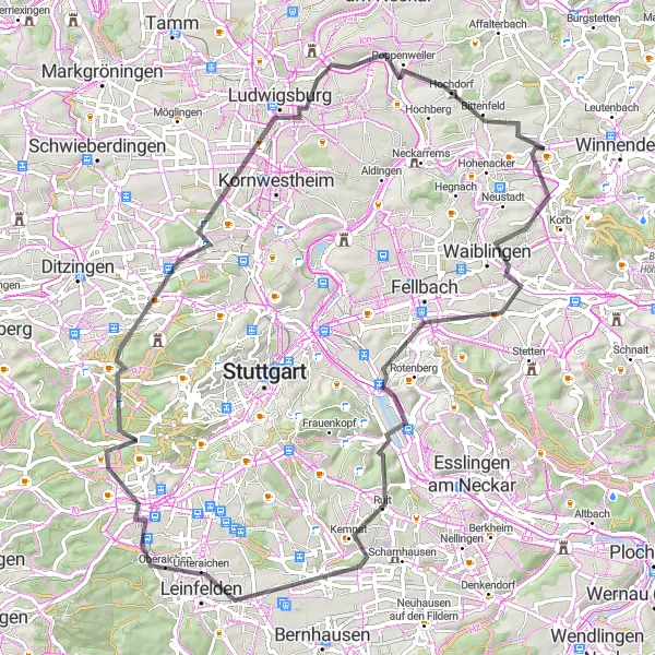 Map miniature of "Waiblingen to Naturbeobachtungsplatz Storchennest" cycling inspiration in Stuttgart, Germany. Generated by Tarmacs.app cycling route planner