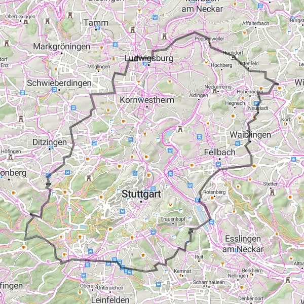 Map miniature of "Waiblingen Adventure" cycling inspiration in Stuttgart, Germany. Generated by Tarmacs.app cycling route planner