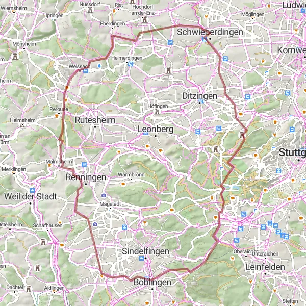 Map miniature of "Schwieberdingen to Hohscheid Gravel Ride" cycling inspiration in Stuttgart, Germany. Generated by Tarmacs.app cycling route planner
