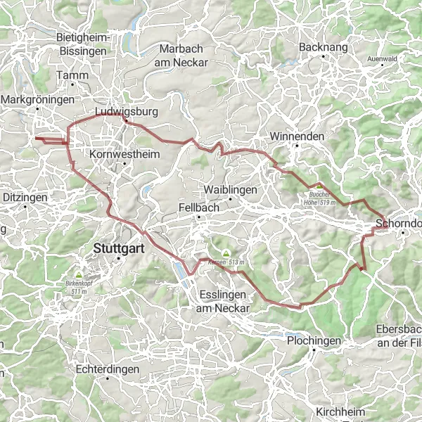 Karten-Miniaturansicht der Radinspiration "Abenteuerliche Gravel-Tour durch Stuttgart und Umgebung" in Stuttgart, Germany. Erstellt vom Tarmacs.app-Routenplaner für Radtouren