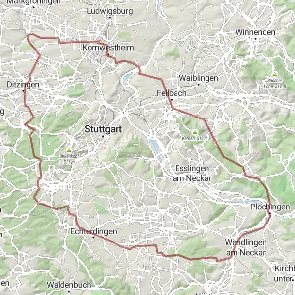 Map miniature of "Kornwestheim to Schwieberdingen Gravel Adventure" cycling inspiration in Stuttgart, Germany. Generated by Tarmacs.app cycling route planner