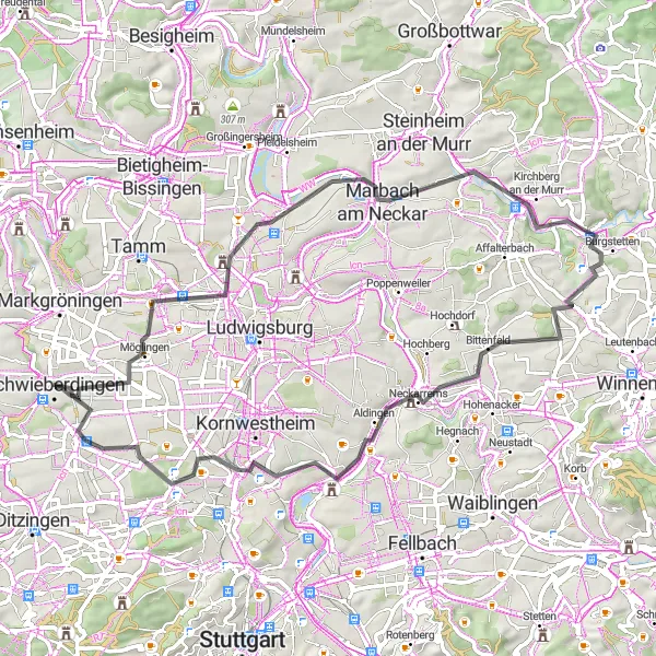 Map miniature of "Cycling through Historical Sites" cycling inspiration in Stuttgart, Germany. Generated by Tarmacs.app cycling route planner