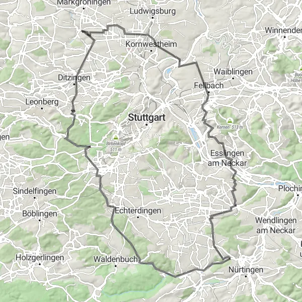 Map miniature of "Kornwestheim to Altes Schloss Loop" cycling inspiration in Stuttgart, Germany. Generated by Tarmacs.app cycling route planner