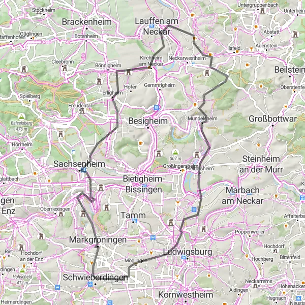 Map miniature of "Markgröningen to Möglingen Loop" cycling inspiration in Stuttgart, Germany. Generated by Tarmacs.app cycling route planner