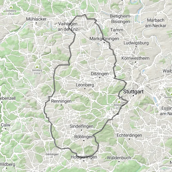 Karten-Miniaturansicht der Radinspiration "Rund um Stuttgart" in Stuttgart, Germany. Erstellt vom Tarmacs.app-Routenplaner für Radtouren