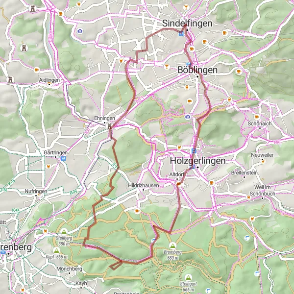 Map miniature of "Böblingen Gravel Loop" cycling inspiration in Stuttgart, Germany. Generated by Tarmacs.app cycling route planner