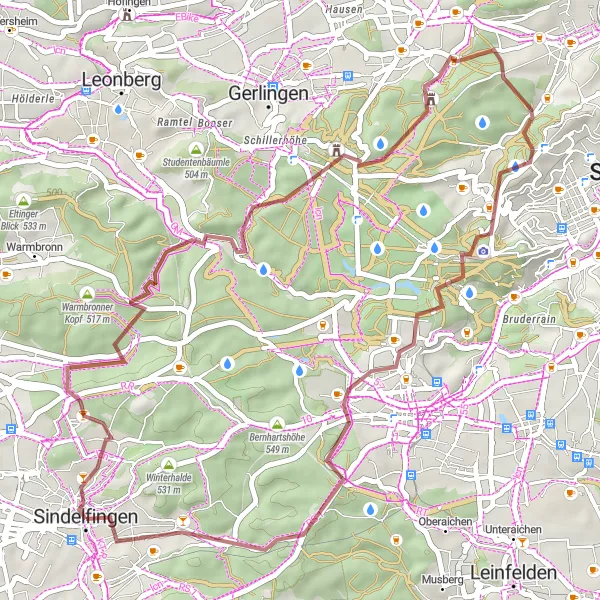 Map miniature of "Gravel Adventure to Gerlinger Kopf" cycling inspiration in Stuttgart, Germany. Generated by Tarmacs.app cycling route planner