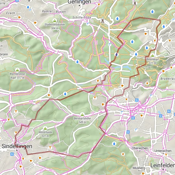 Map miniature of "Schwätzweiber-Brunnen Gravel Route" cycling inspiration in Stuttgart, Germany. Generated by Tarmacs.app cycling route planner