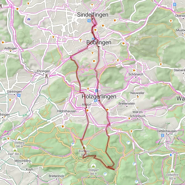 Map miniature of "Böblingen and Bärendorf Gravel Adventure" cycling inspiration in Stuttgart, Germany. Generated by Tarmacs.app cycling route planner