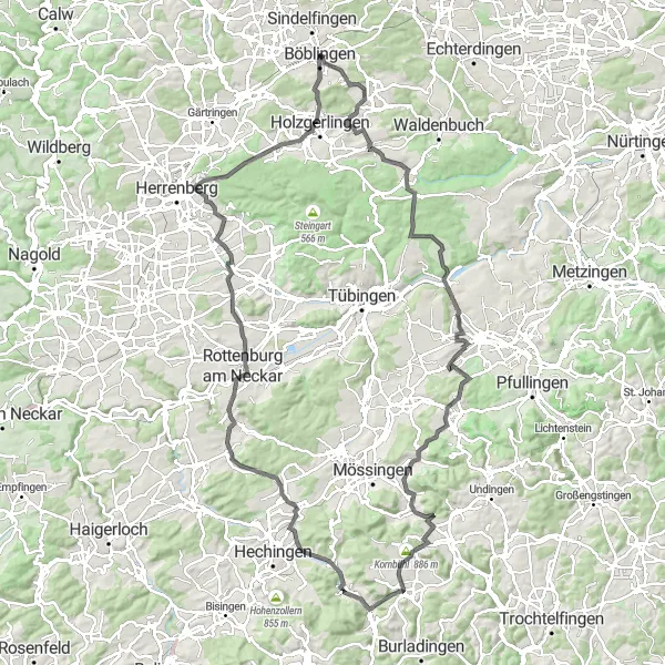 Map miniature of "Dettenhausen and Bodelshausen Tour" cycling inspiration in Stuttgart, Germany. Generated by Tarmacs.app cycling route planner