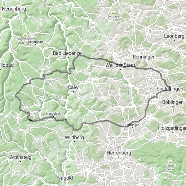 Map miniature of "Sindelfingen to Möttlingen Loop" cycling inspiration in Stuttgart, Germany. Generated by Tarmacs.app cycling route planner