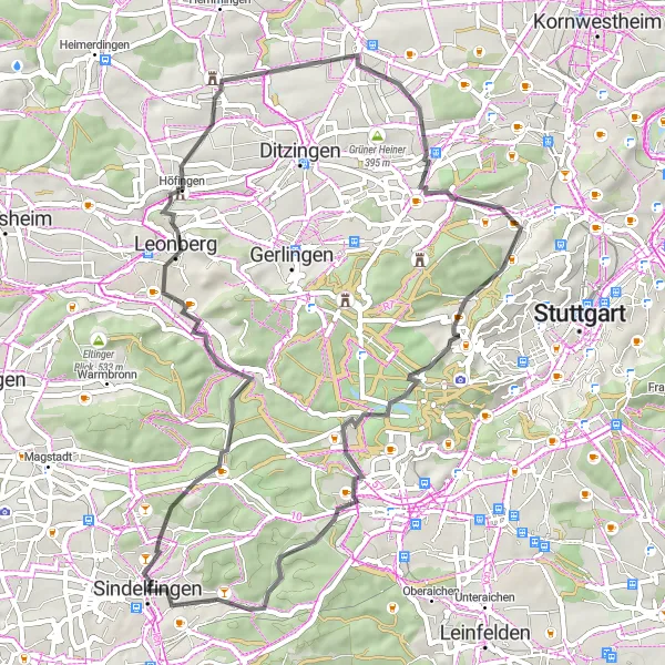 Karten-Miniaturansicht der Radinspiration "Über Leonberg zum Münchinger Schloss" in Stuttgart, Germany. Erstellt vom Tarmacs.app-Routenplaner für Radtouren
