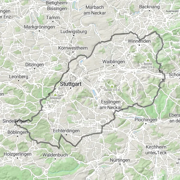 Map miniature of "Ultimate Road Cycling Adventure to Sindelfingen" cycling inspiration in Stuttgart, Germany. Generated by Tarmacs.app cycling route planner