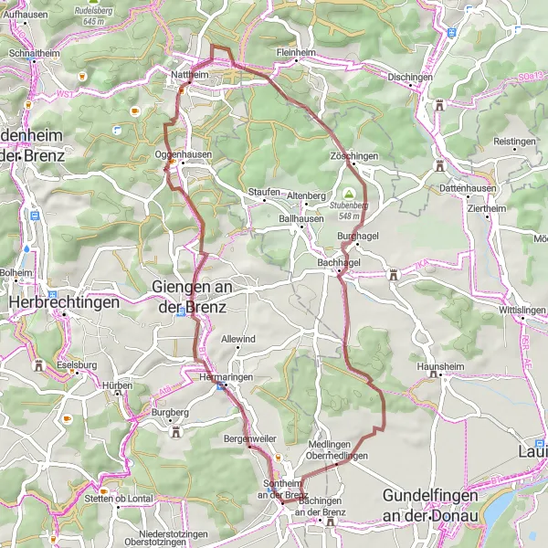 Karten-Miniaturansicht der Radinspiration "Gravelroute Hermaringen-Zöschingen" in Stuttgart, Germany. Erstellt vom Tarmacs.app-Routenplaner für Radtouren